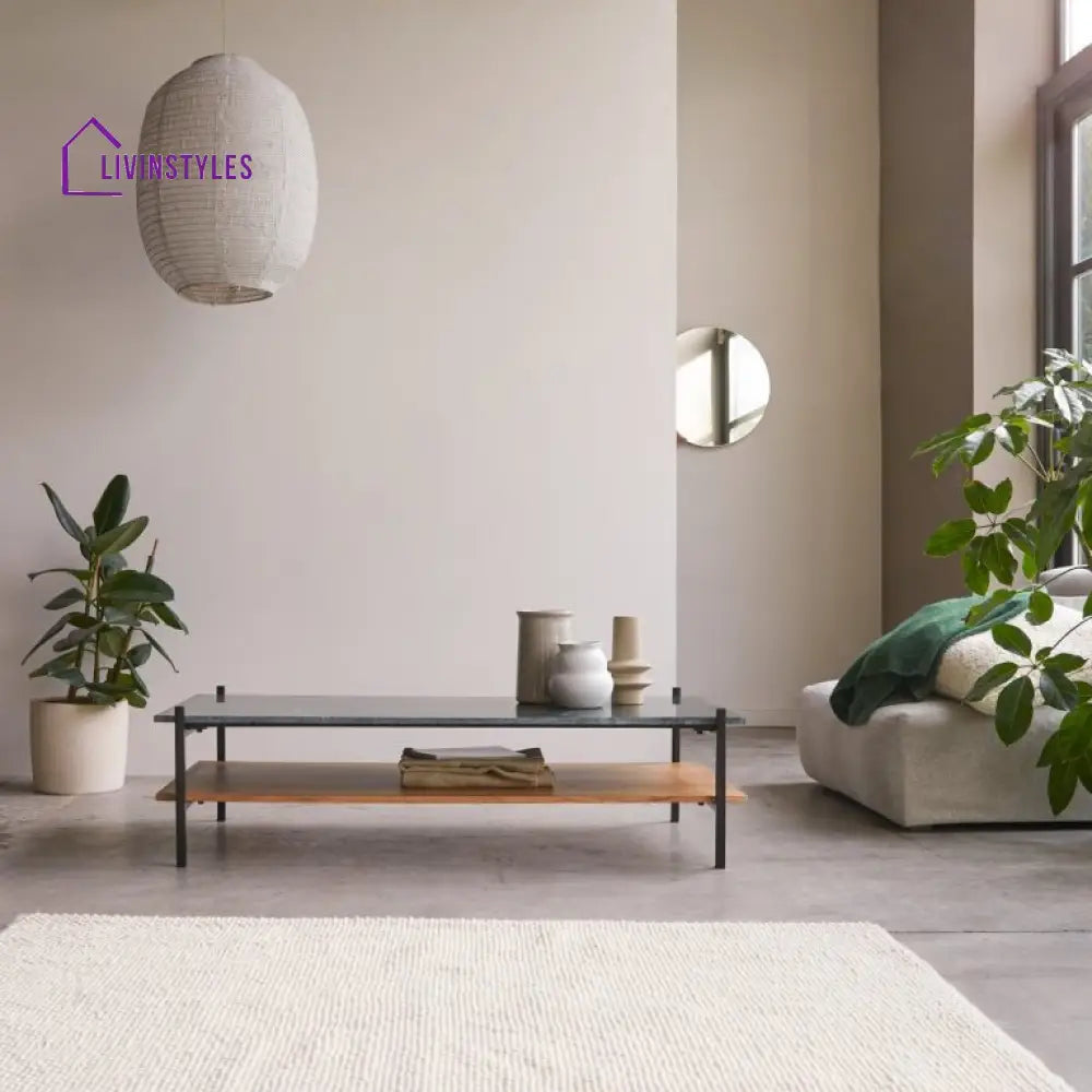 Rohan Marble Top Acacia Wood Shelf Coffee Table – Iron Legs (Marble Top W130 D65 H35 cm) Coffee Table