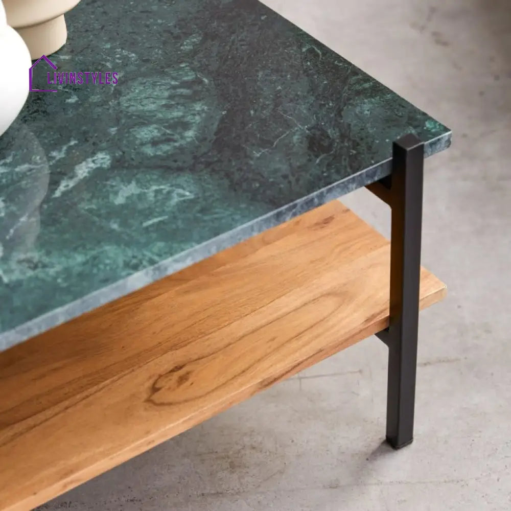 Rohan Marble Top Acacia Wood Shelf Coffee Table – Iron Legs (Marble Top W130 D65 H35 cm) Coffee Table