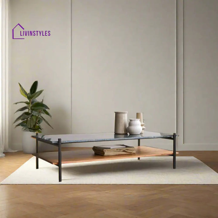 Rohan Marble Top Acacia Wood Shelf Coffee Table – Iron Legs (Marble Top W130 D65 H35 cm) Coffee Table