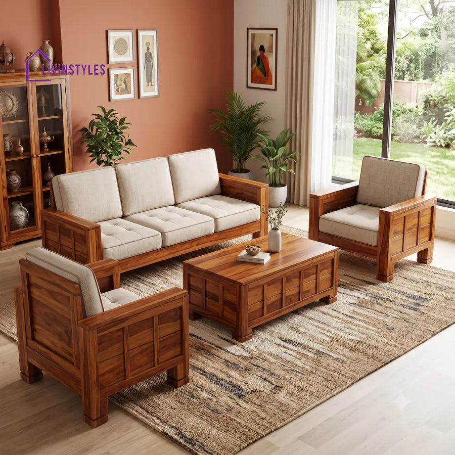Rohini Wooden Sofa Set | 3 + 1 + 1 Sheesham Wood Sofa Set for Living Room
