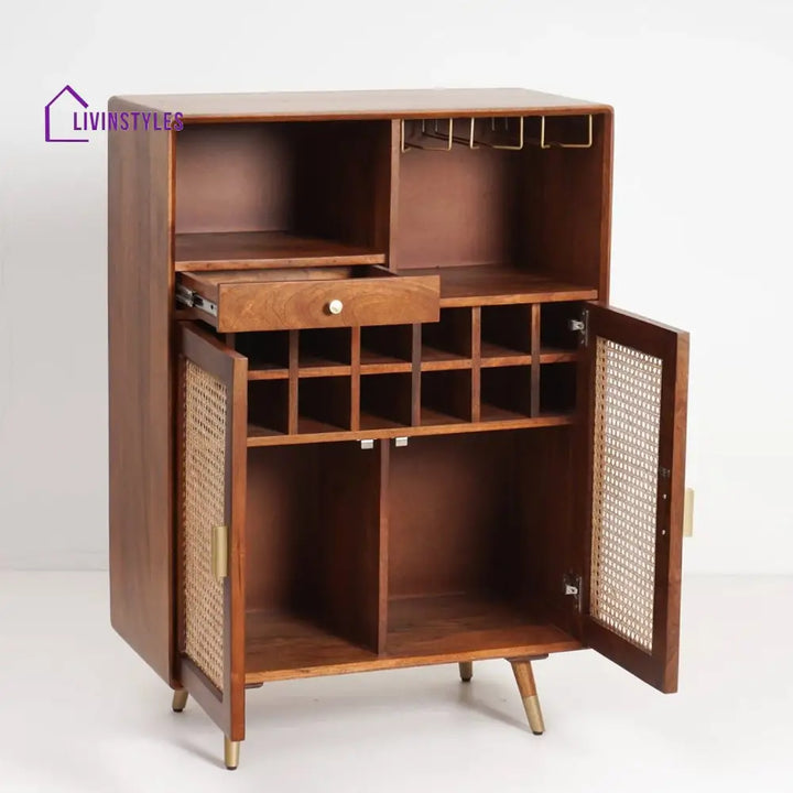 Rohit Solid Wood Rattan Cane Bar Cabinet With Glass Holder Storage