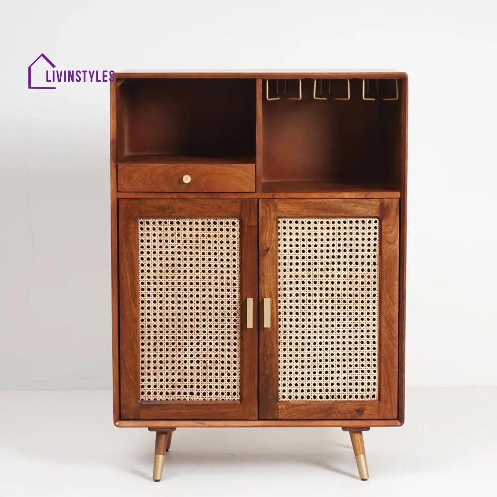 Rohit Solid Wood Rattan Cane Bar Cabinet With Glass Holder Storage