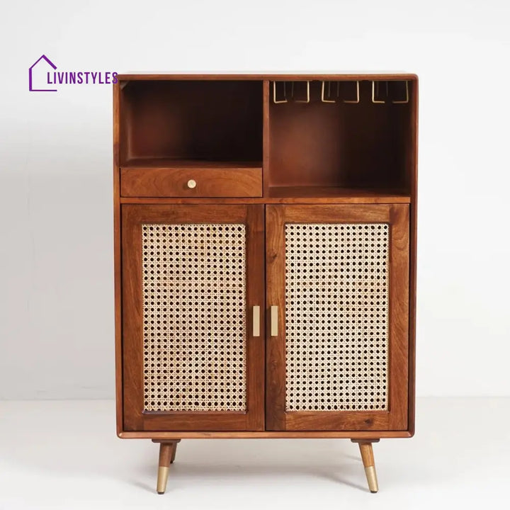 Rohit Solid Wood Rattan Cane Bar Cabinet With Glass Holder Storage