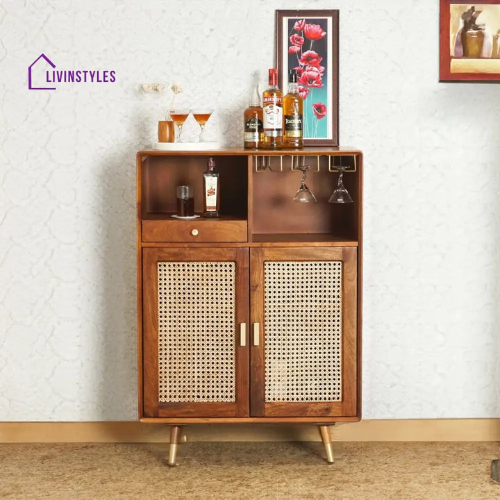 Rohit Solid Wood Rattan Cane Bar Cabinet With Glass Holder Storage