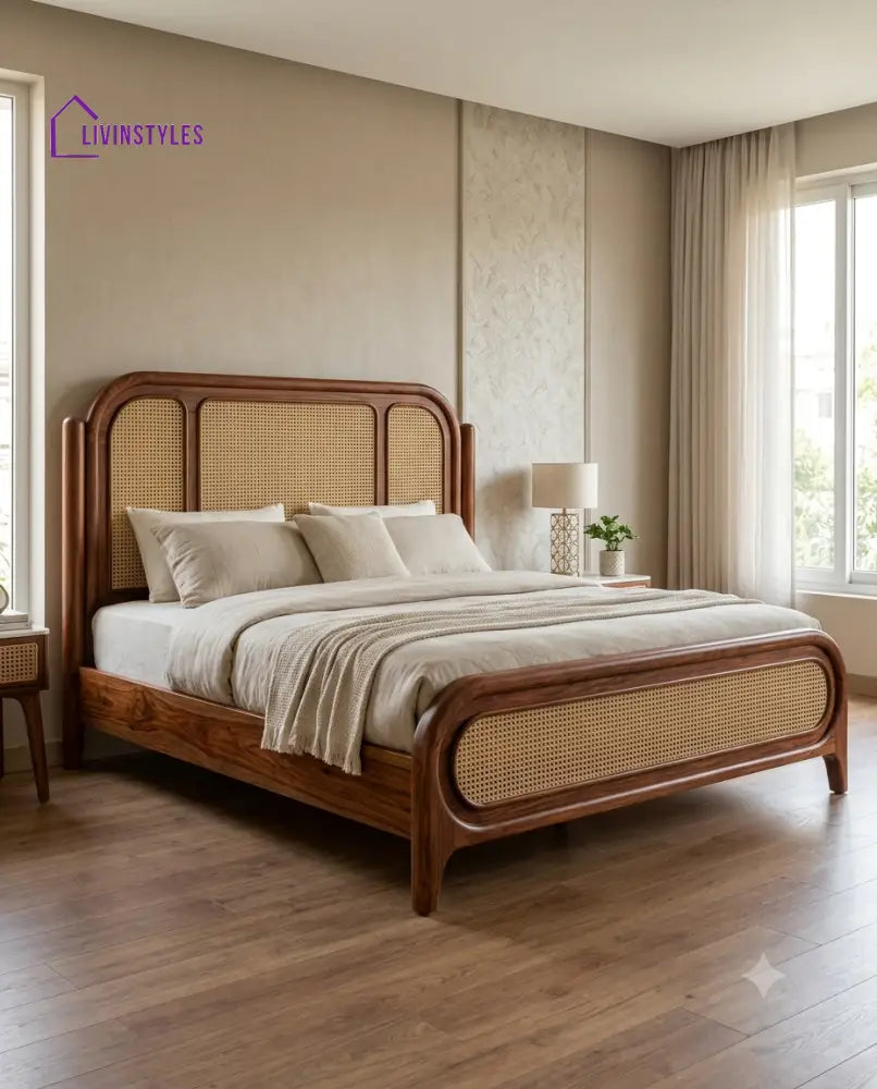 Rohit Wooden Bed with Cane Weaving Headboard Design | Bed without Storage
