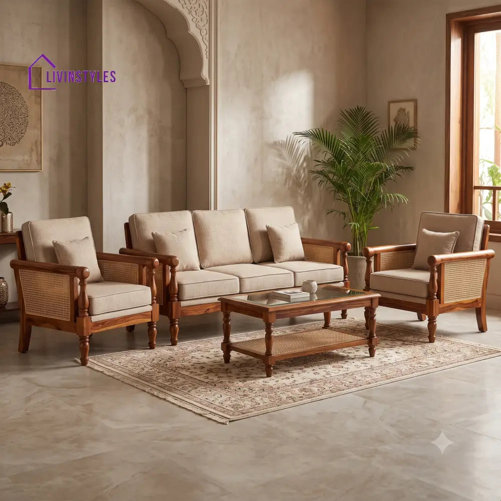 Rohitha Wooden Sofa Set | 3 + 1 + 1 Sheesham Wood Sofa Set for Living Room