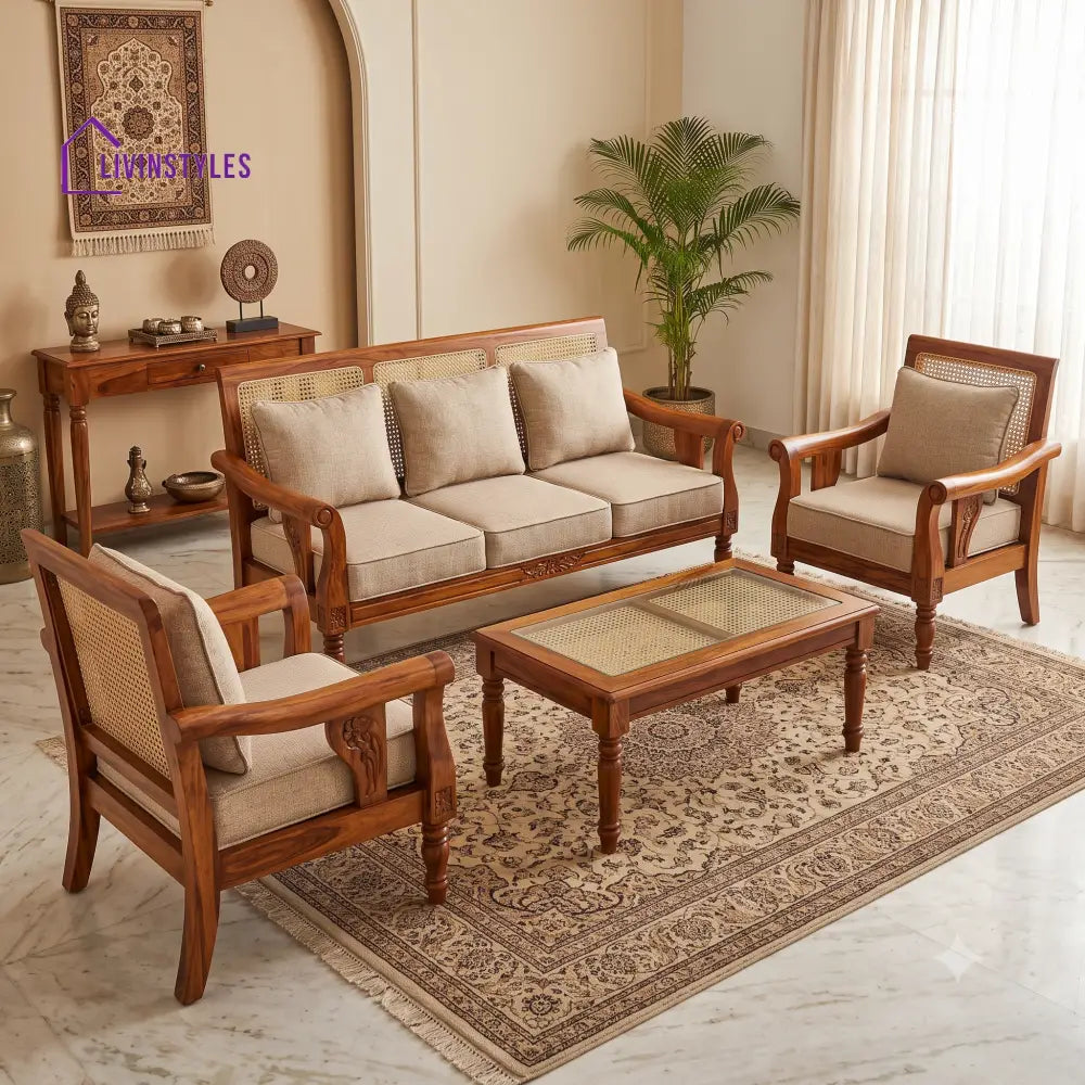 Roja Wooden Sofa Set | 3 + 1 + 1 Sheesham Wood Sofa Set for Living Room