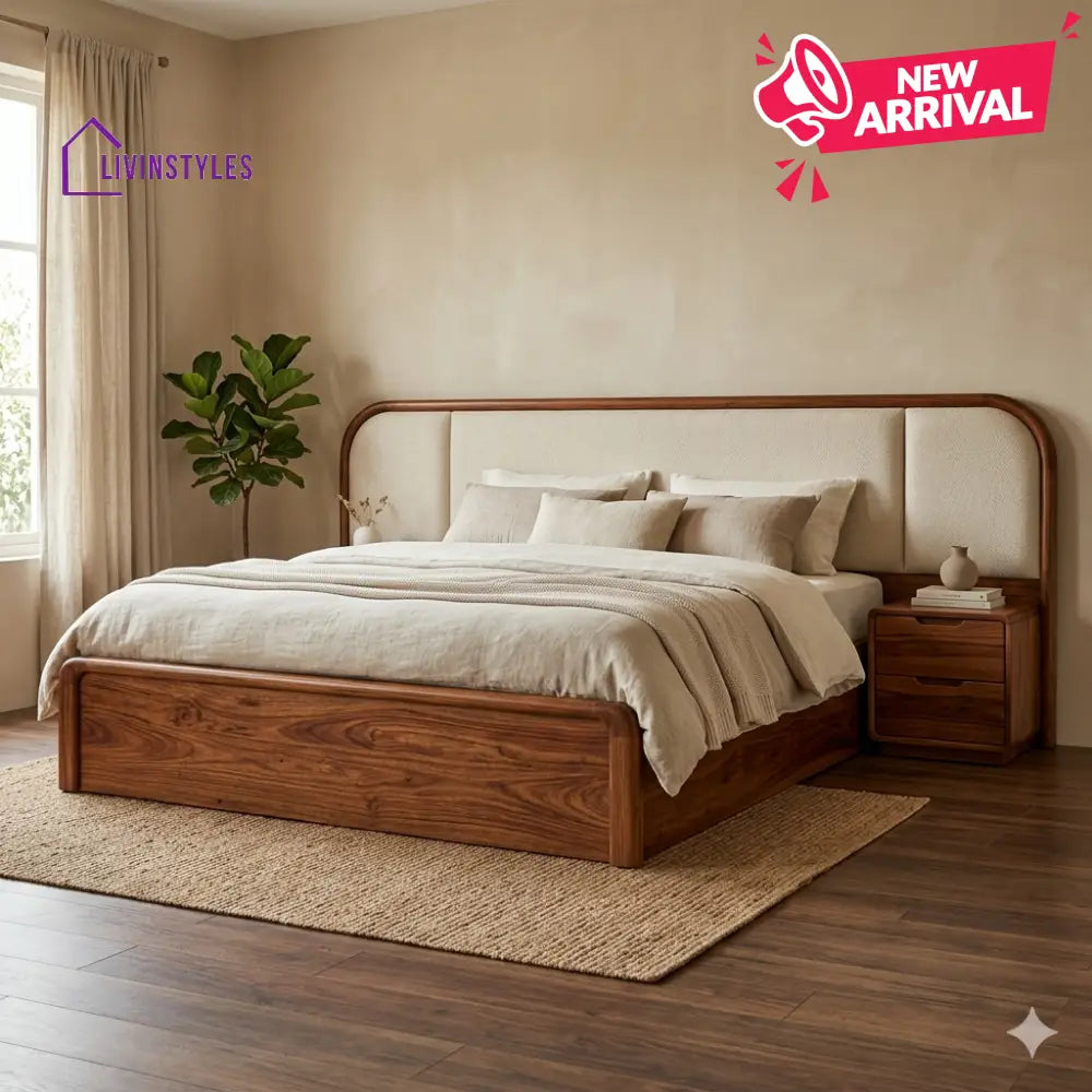 Roman Premium Sheesham Wood Bed with Velvet Headboard