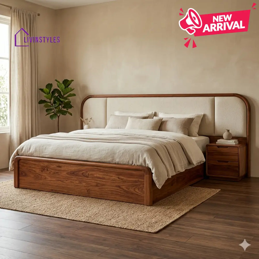 Roman Premium Sheesham Wood Bed with Velvet Headboard