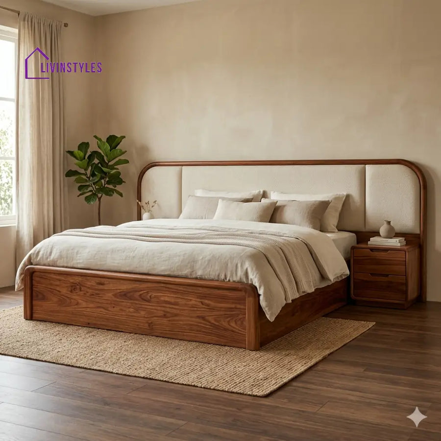Roman Premium Sheesham Wood Bed with Velvet Headboard