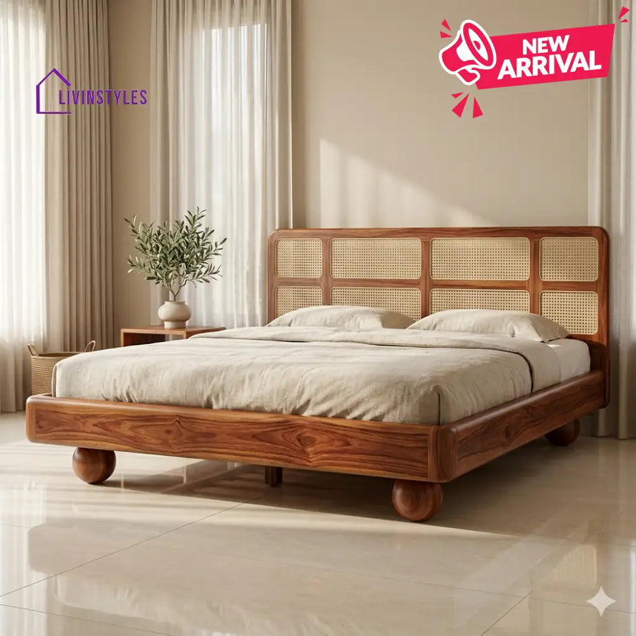 Roman Sheesham Wood Bed with Ball Shaped Legs and Cane Weaving Headboard