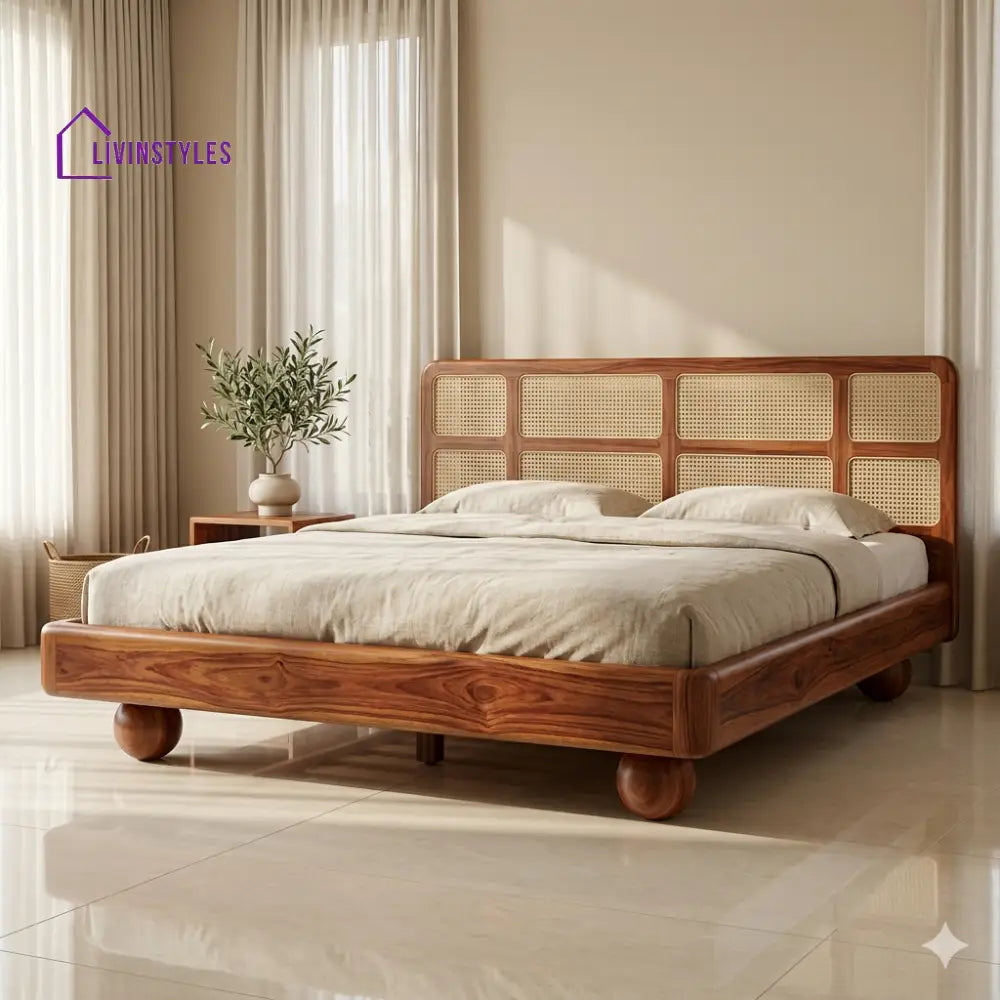 Roman Sheesham Wood Bed with Ball Shaped Legs and Cane Weaving Headboard