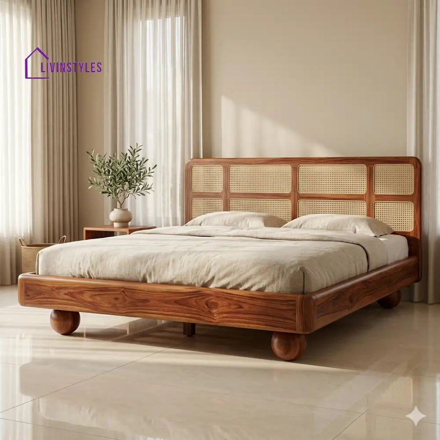 Roman Sheesham Wood Bed with Ball Shaped Legs and Cane Weaving Headboard