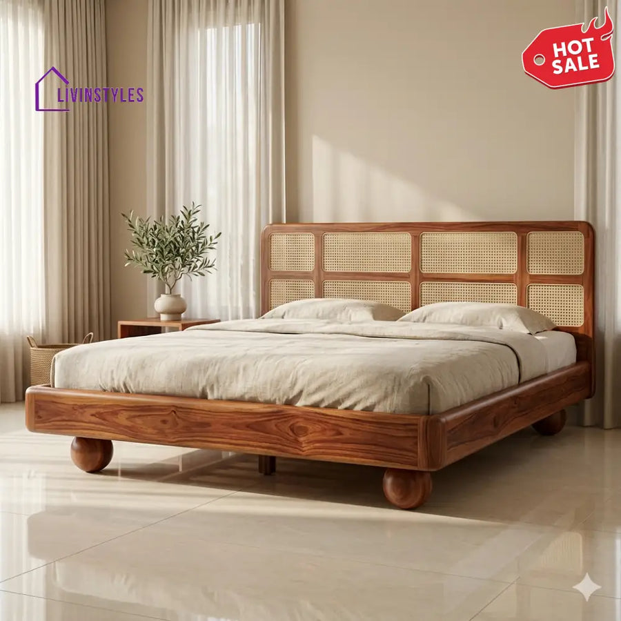 Roman Sheesham Wood Bed with Ball Shaped Legs and Cane Weaving Headboard