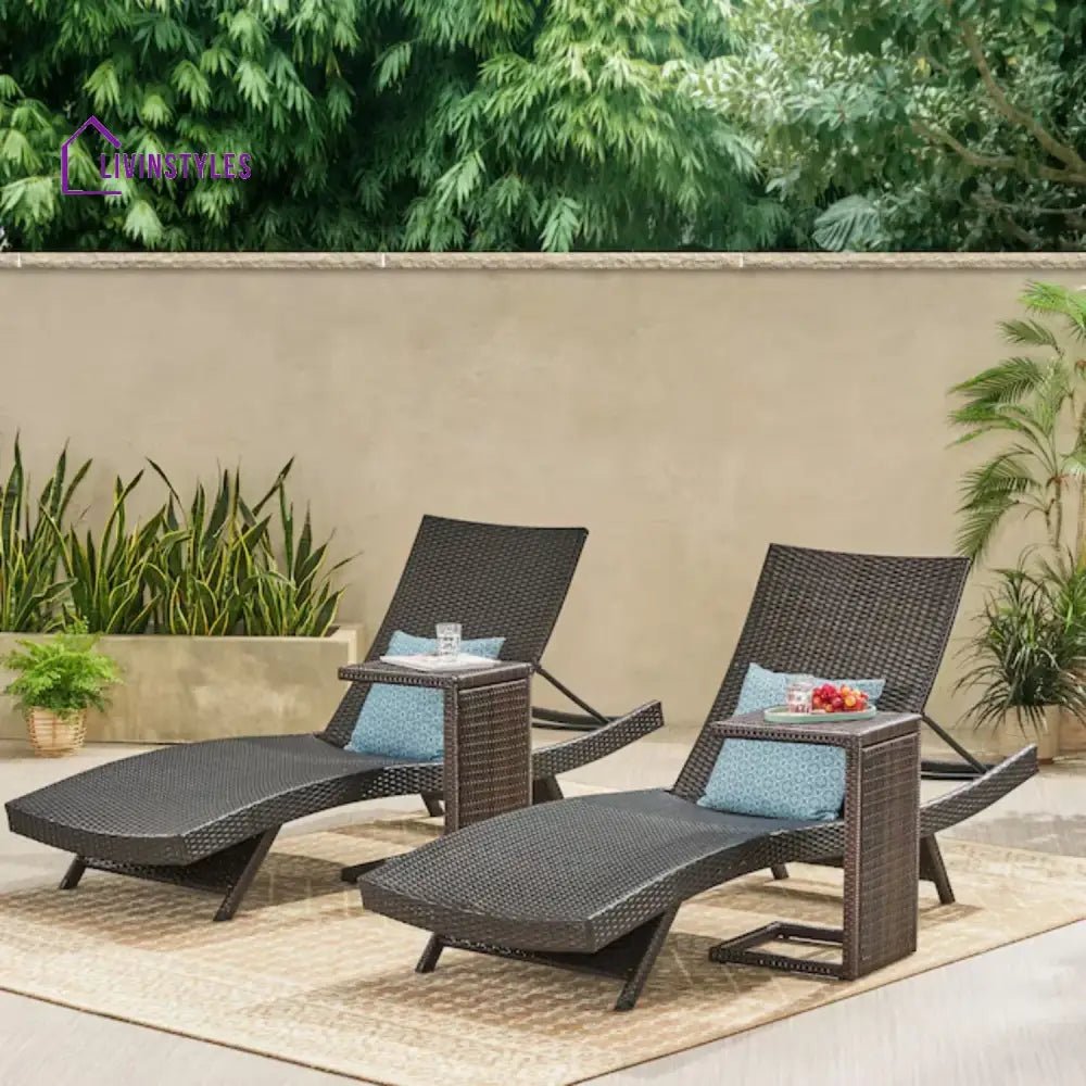Ronke Outdoor Rattan Wicker Lounge Chairs Set of 2 with Matching Side Table - Lounger Set
