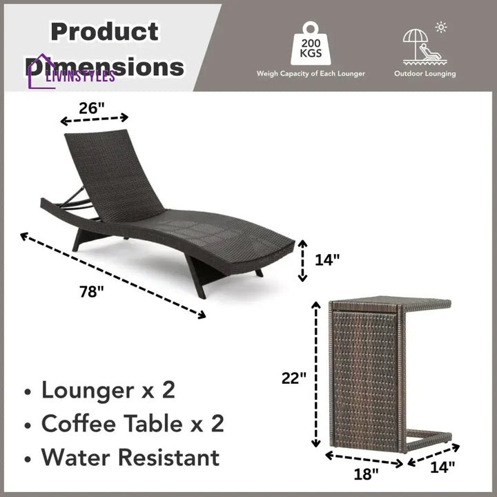 Ronke Outdoor Rattan Wicker Lounge Chairs Set of 2 with Matching Side Table - Lounger Set