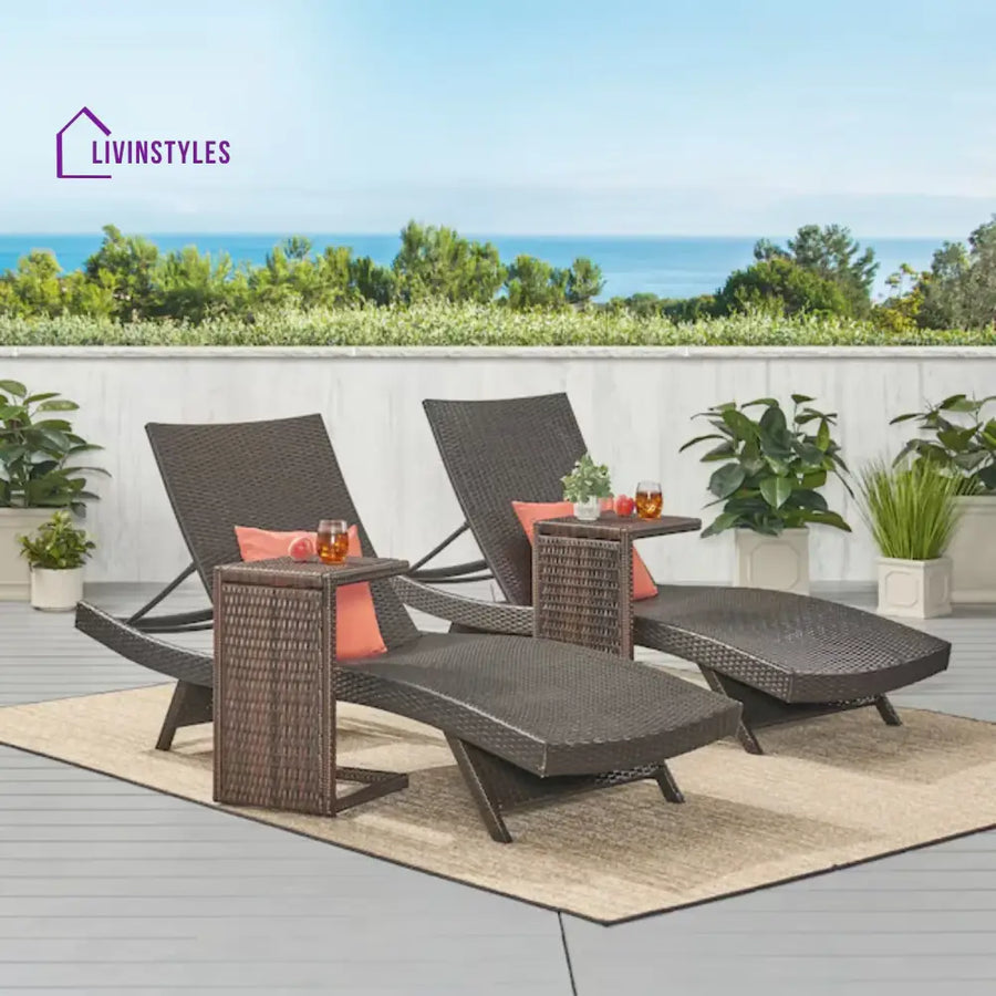 Ronke Outdoor Rattan Wicker Lounge Chairs Set of 2 with Matching Side Table - Lounger Set