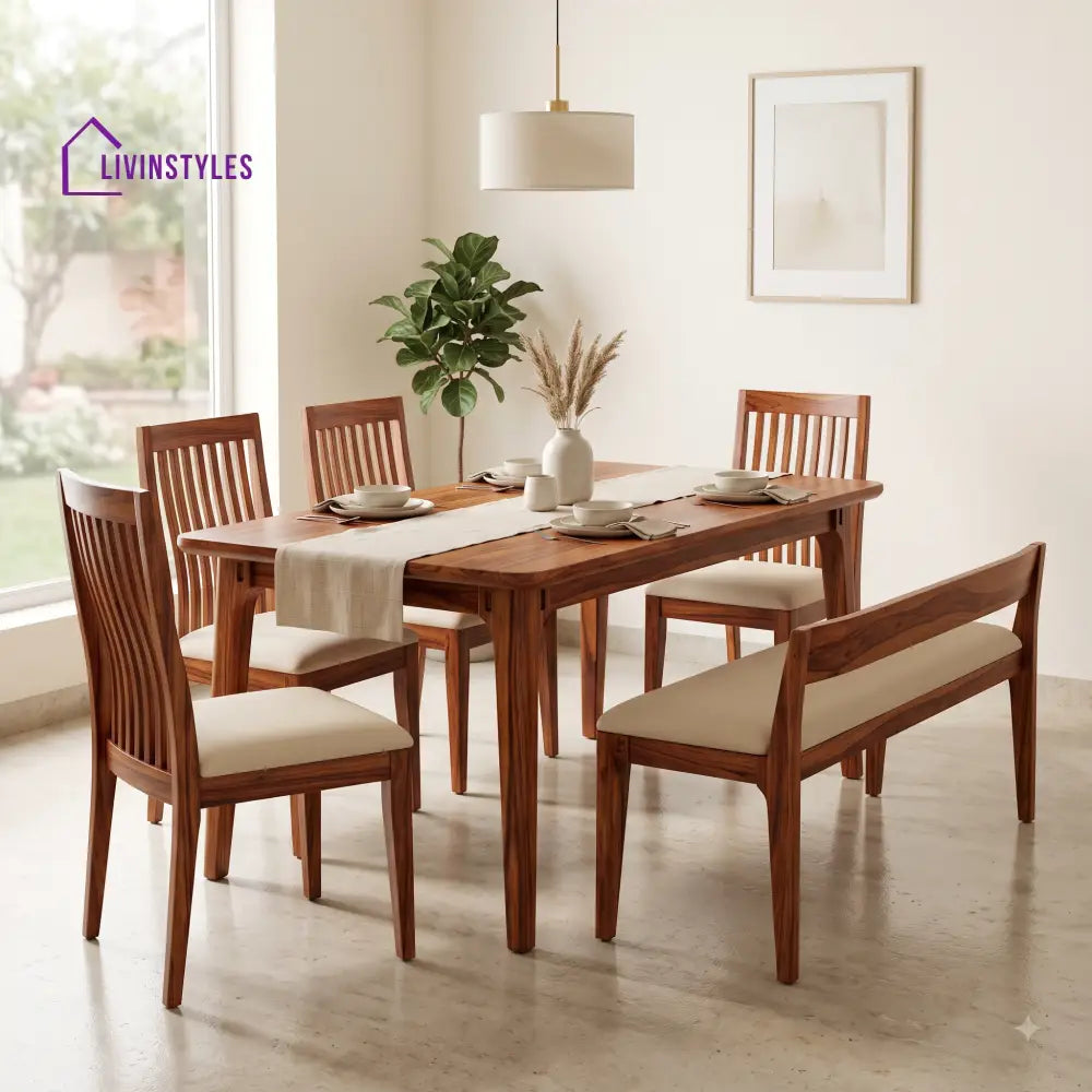 Ronke Wooden 6 Seater Dining Table Set | 4 Chairs and 1 Bench | Table 72 X 36 X 30 Inch