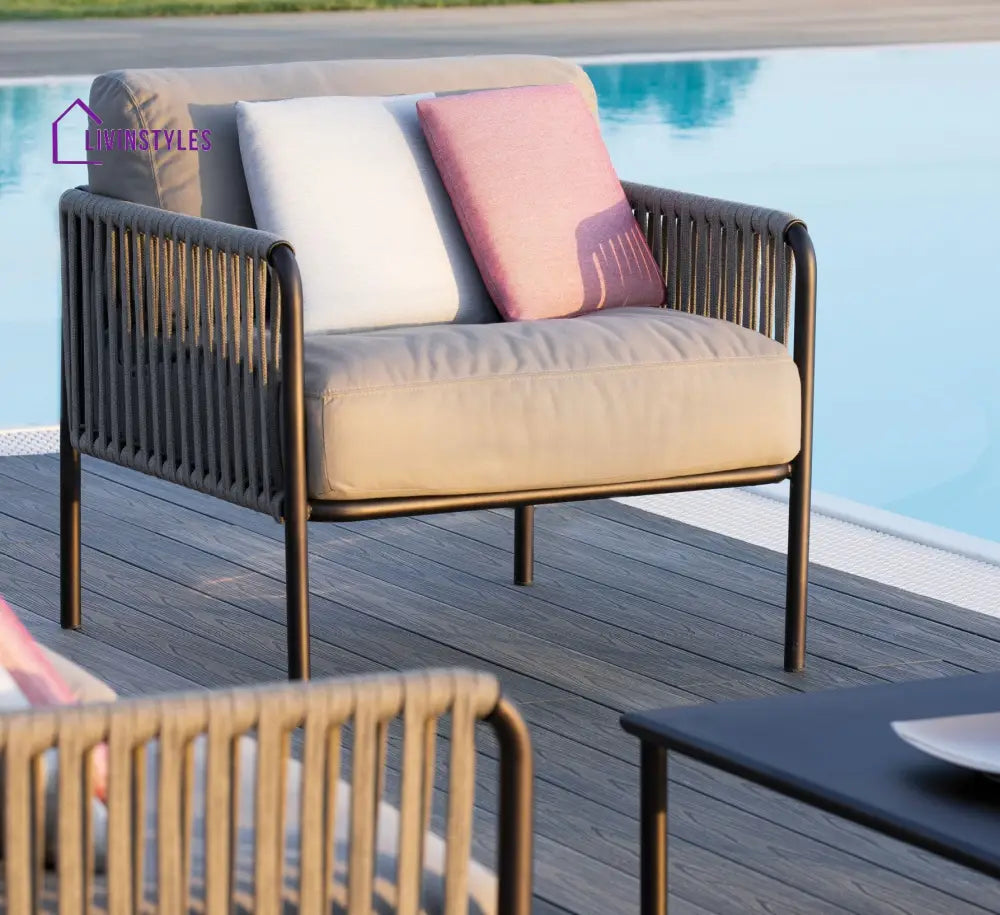 Rook Outdoor Garden Balcony Sofa Set 3 Seater 2 Single Seater 1 Center Table Set Braided Rope (Tan) - Sofa Sets