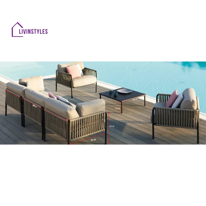 Rook Outdoor Garden Balcony Sofa Set 3 Seater 2 Single Seater 1 Center Table Set Braided Rope (Tan) - Sofa Sets