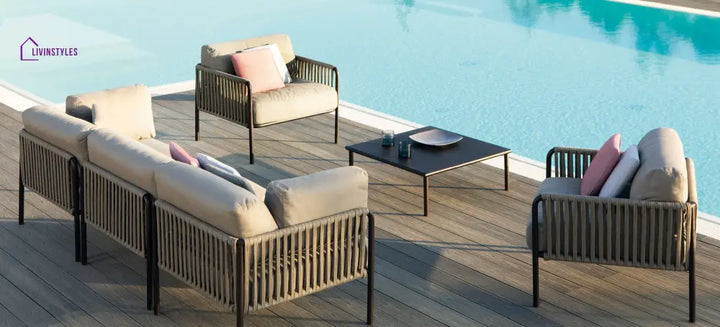Rook Outdoor Garden Balcony Sofa Set 3 Seater 2 Single Seater 1 Center Table Set Braided Rope (Tan) - Sofa Sets