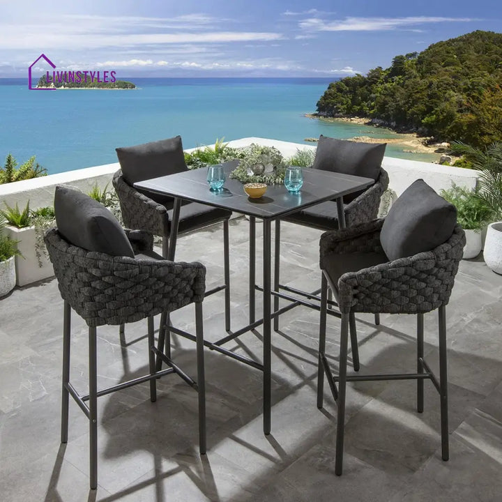 Roque Outdoor Patio Bar Set 4 Chairs and 1 Table Set (Black) Braided & Rope - Bar Sets