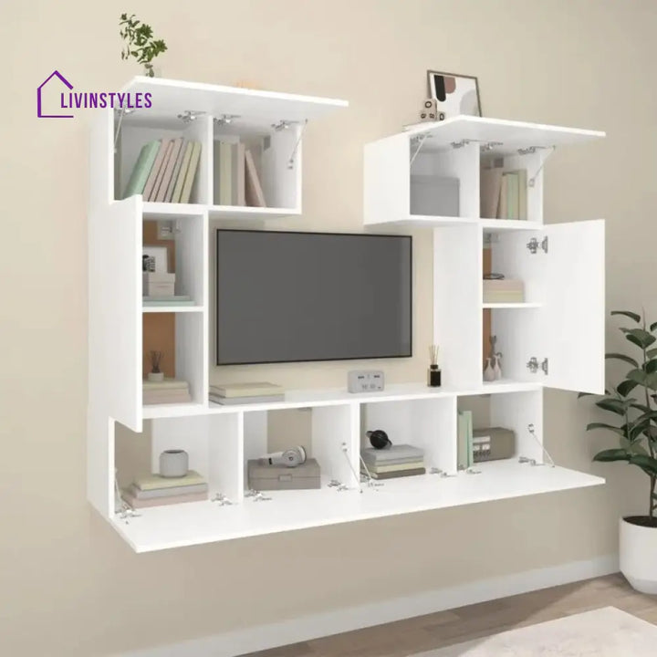 Rose Wall Mounted White Finish Tv Unit Stand for Living Room