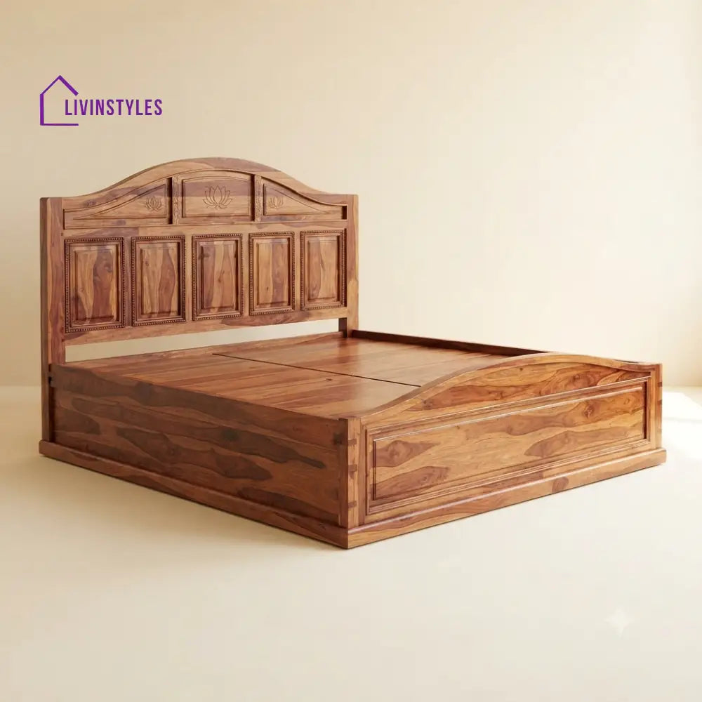 Roshini Sheesham Wood Bed With Box Storage | Wooden Bed