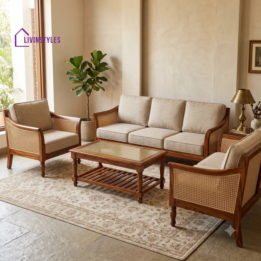 Roshini Wooden Sofa Set | 3 + 1 + 1 Sheesham Wood Sofa Set for Living Room