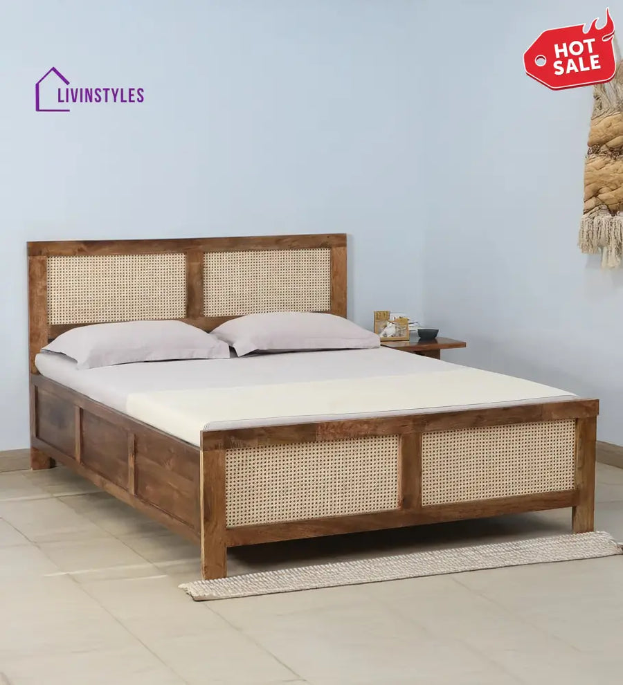 Rosie Mango Wood King Size Bed In Teak Finish | Cane Weaving Work