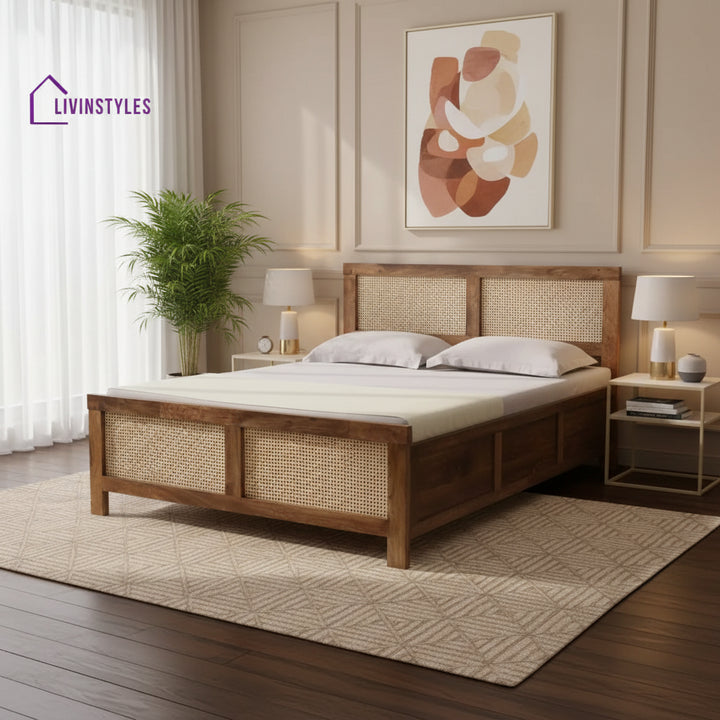 Rosie Mango Wood King Size Bed In Teak Finish | Cane Weaving Work