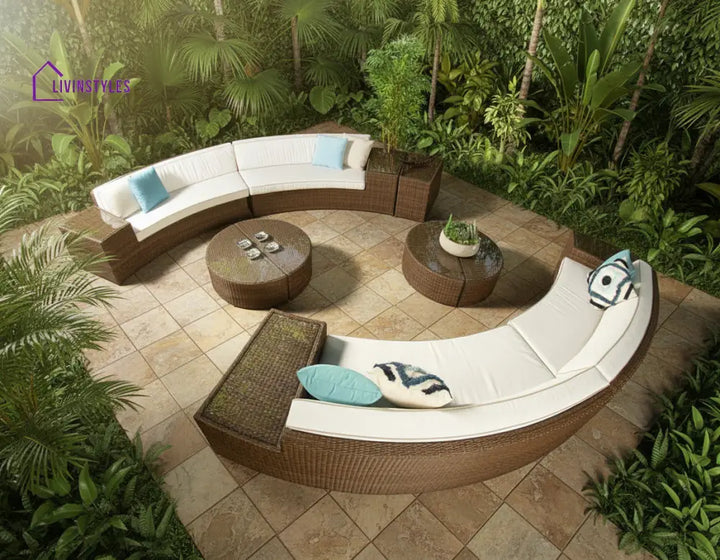 Rossi Outdoor Patio Round Sofa Set 8 Seater 1 Side table and 2 Center Table (Brown) - Sofa Sets