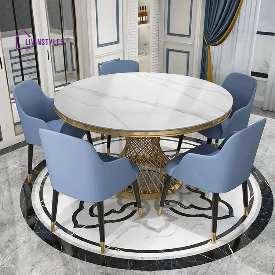 Rostislav Stainless Steel 6 Seater Dining Table Set | Marble Top