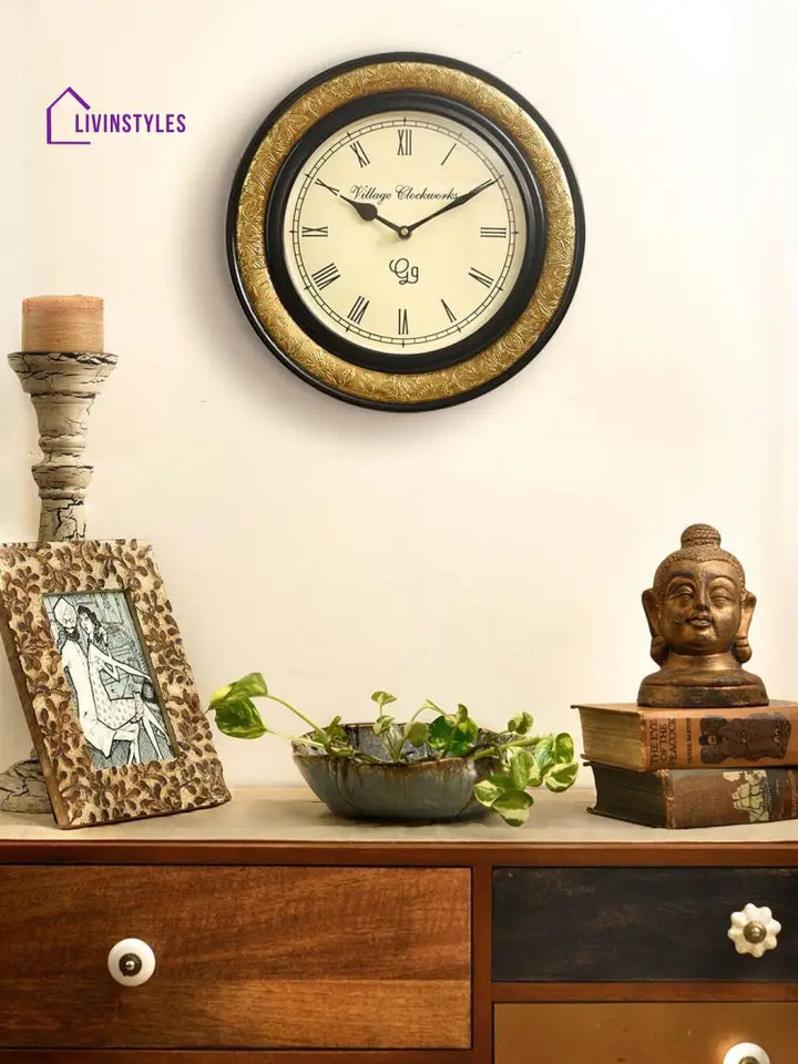 Round Embossed Brass 12 Inches Wall Clock
