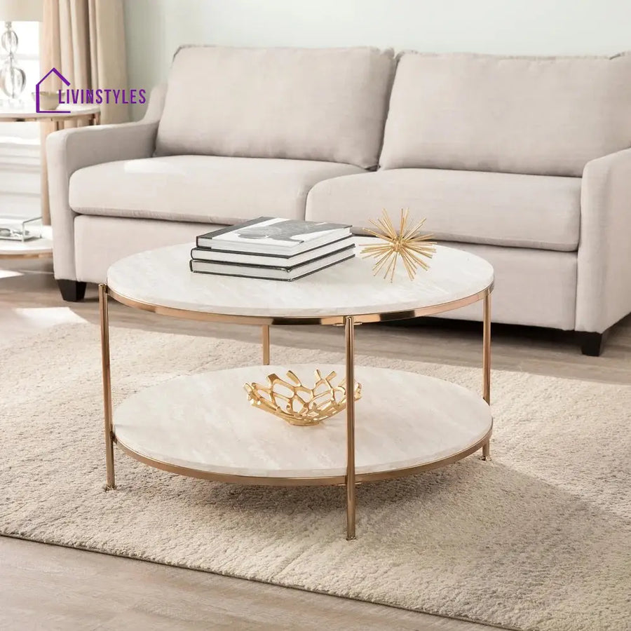 Round Metal Copper Round Coffee Table In Shiny Golden Edge Table