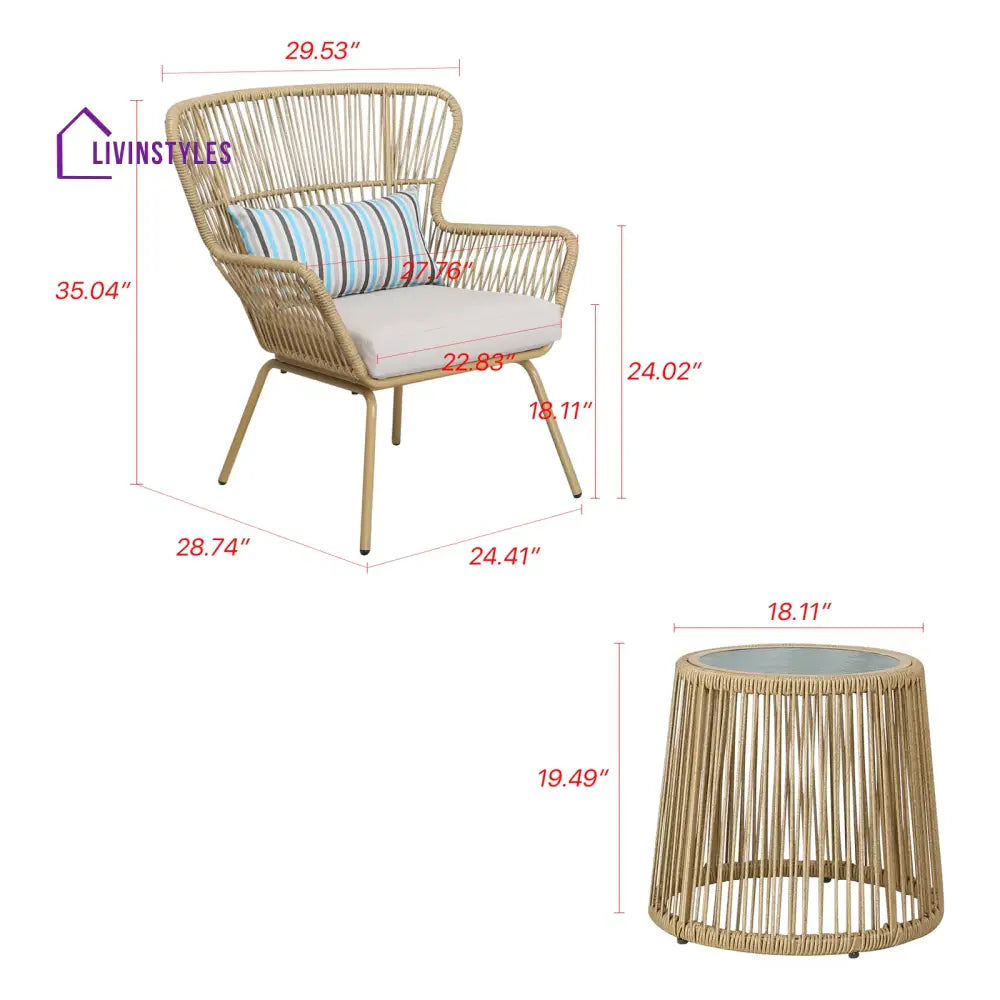 Row Outdoor Patio Seating Set 2 Chairs and 1 Table Set (Khaki) - Coffee Table Sets