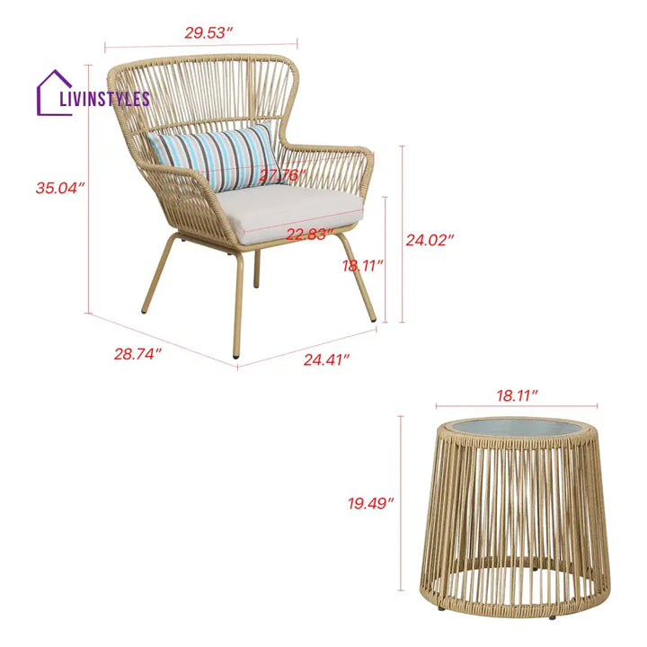 Row Outdoor Patio Seating Set 2 Chairs and 1 Table Set (Khaki) - Coffee Table Sets