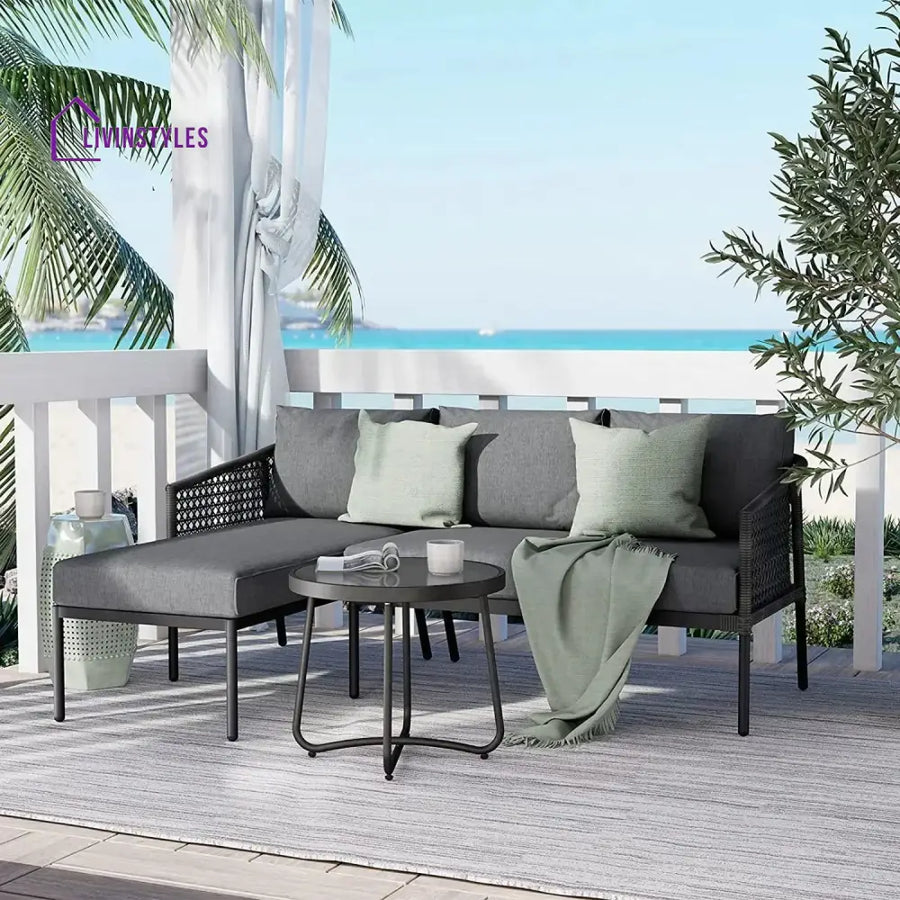 Rowan L-Shaped Patio Conversation Sofa Set with Thick Cushions & Side Table (Grey) - Sofa Set