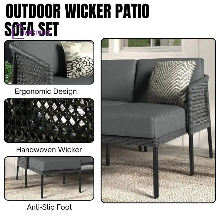 Rowan L-Shaped Patio Conversation Sofa Set with Thick Cushions & Side Table (Grey) - Sofa Set