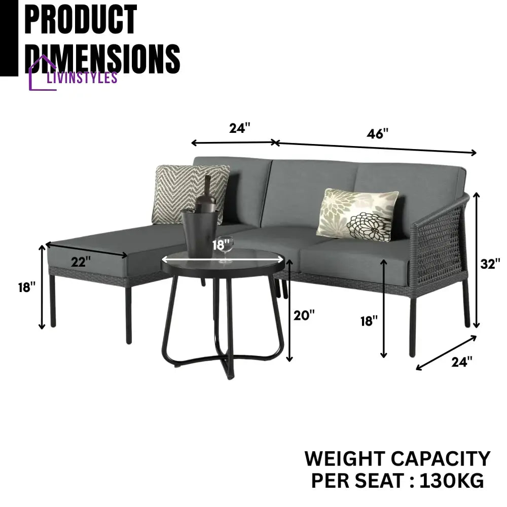 Rowan L-Shaped Patio Conversation Sofa Set with Thick Cushions & Side Table (Grey) - Sofa Set