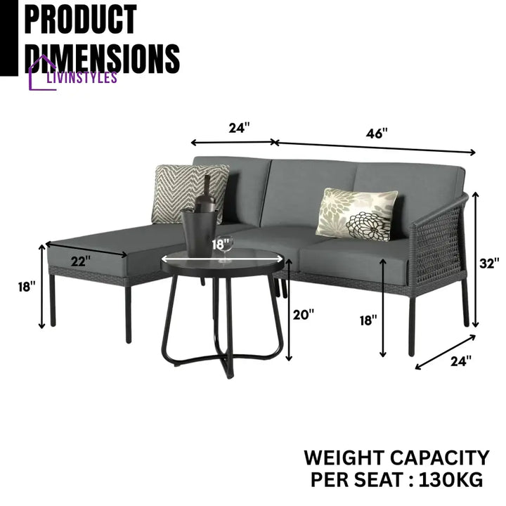 Rowan L-Shaped Patio Conversation Sofa Set with Thick Cushions & Side Table (Grey) - Sofa Set