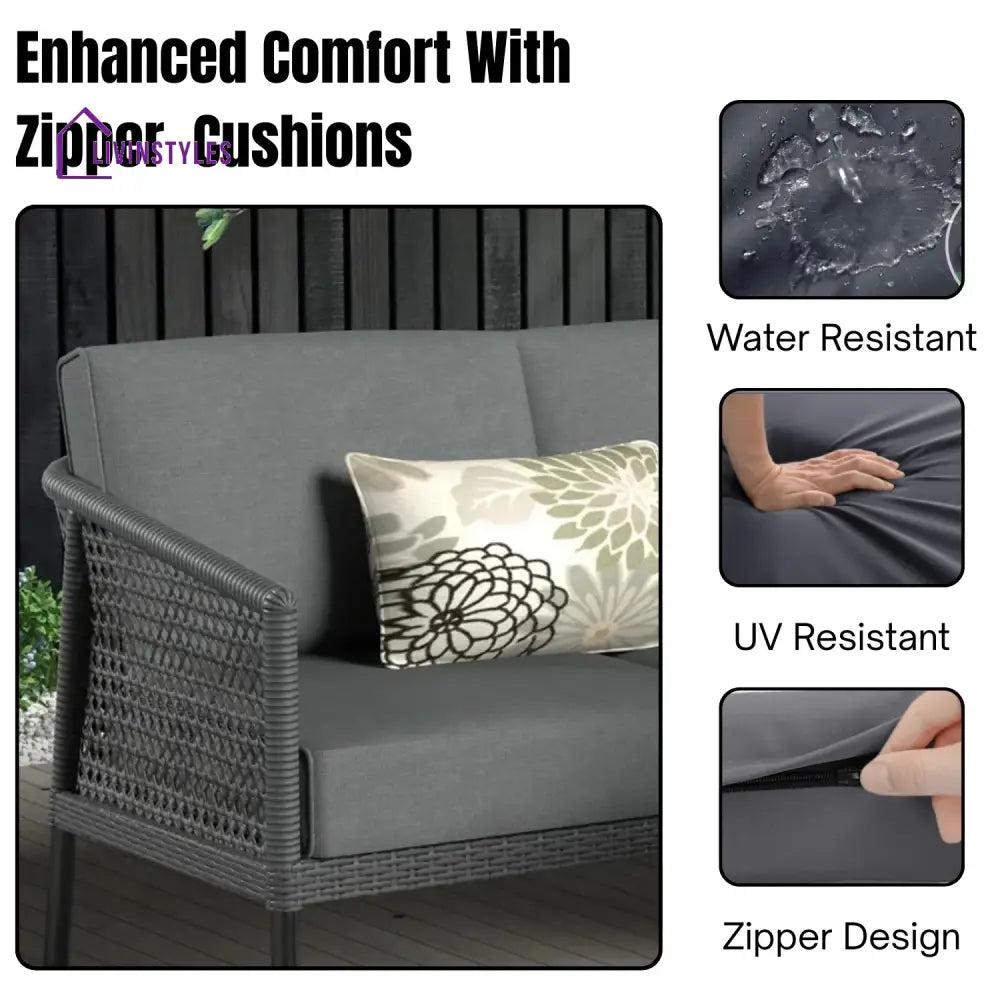 Rowan L-Shaped Patio Conversation Sofa Set with Thick Cushions & Side Table (Grey) - Sofa Set