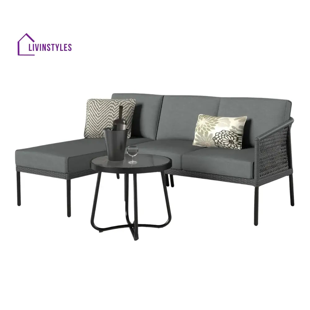 Rowan L-Shaped Patio Conversation Sofa Set with Thick Cushions & Side Table (Grey) - Sofa Set
