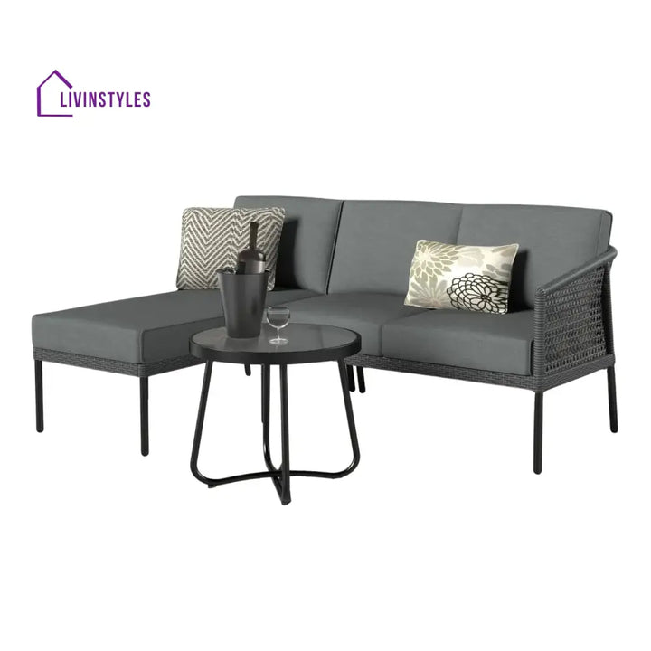 Rowan L-Shaped Patio Conversation Sofa Set with Thick Cushions & Side Table (Grey) - Sofa Set