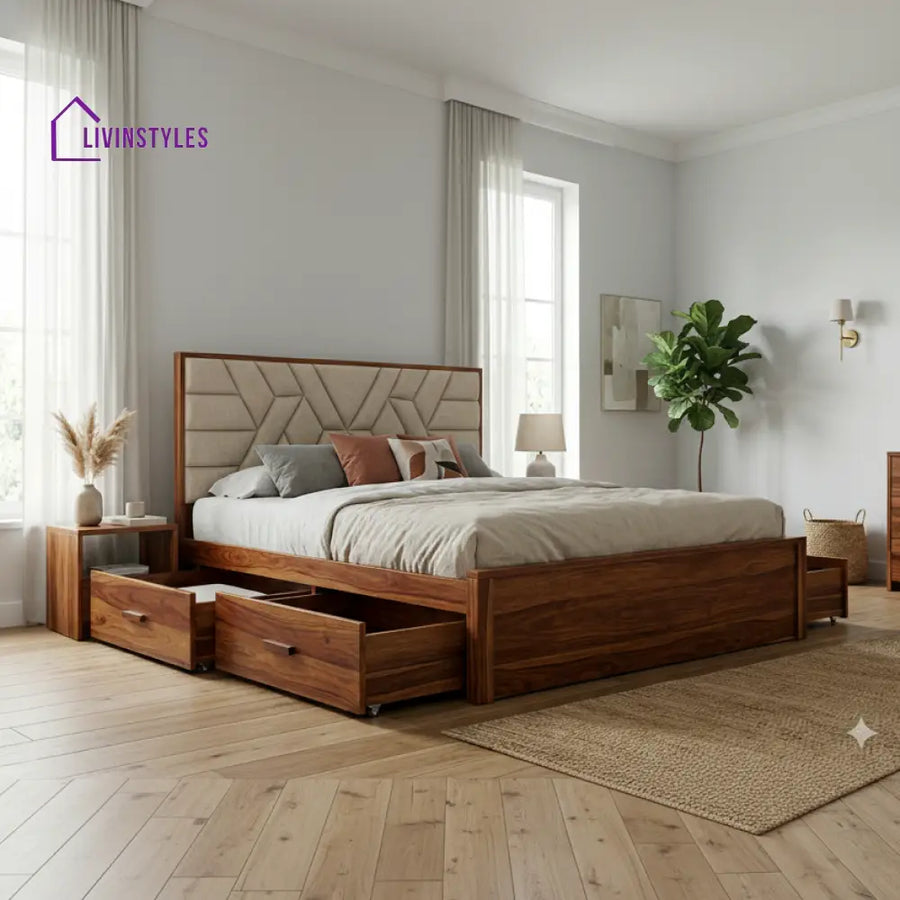 Rowan Premium Sheesham Wood Bed with Fabric Headboard
