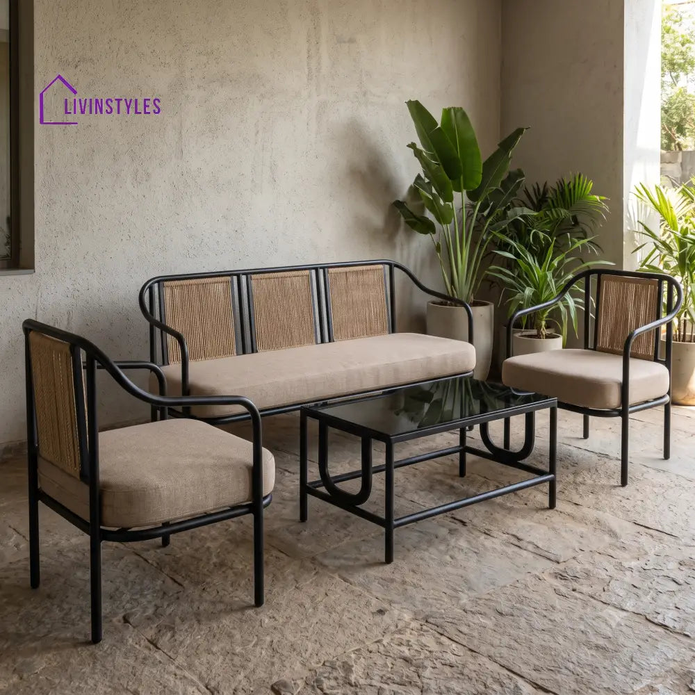 Roxane Metal Frame and Rope Weaving Outdoor Sofa Set 3 + 1 +1 and Coffee Table | Premium Uphostery