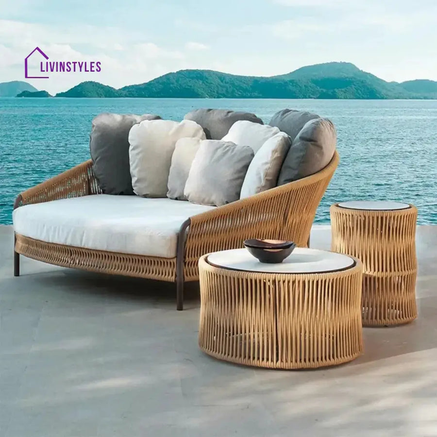 Roxane Outdoor Patio Rope Daybed With Center and Side Tables - Daybed