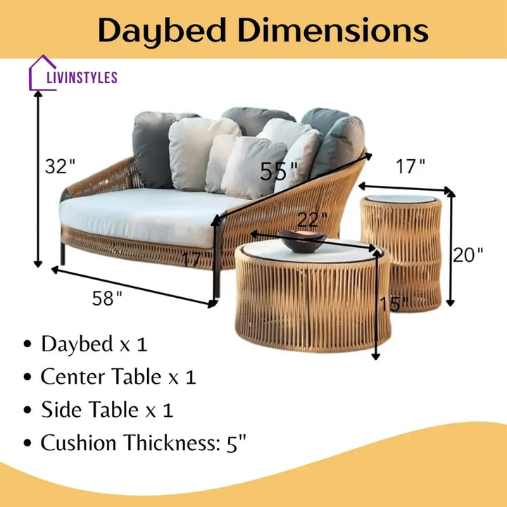 Roxane Outdoor Patio Rope Daybed With Center and Side Tables - Daybed