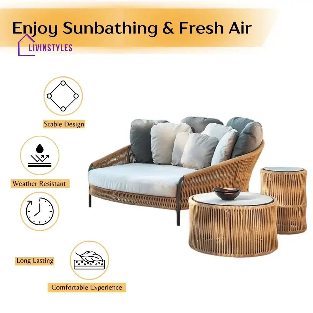 Roxane Outdoor Patio Rope Daybed With Center and Side Tables - Daybed