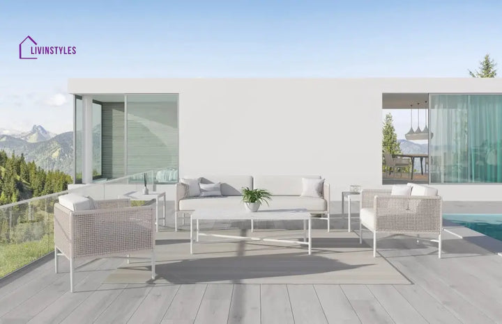 Roza Outdoor Garden Balcony Sofa Set 2 Seater and 2 Single Seater With 1 Center Table Set Braid & Rope (White + Beige)